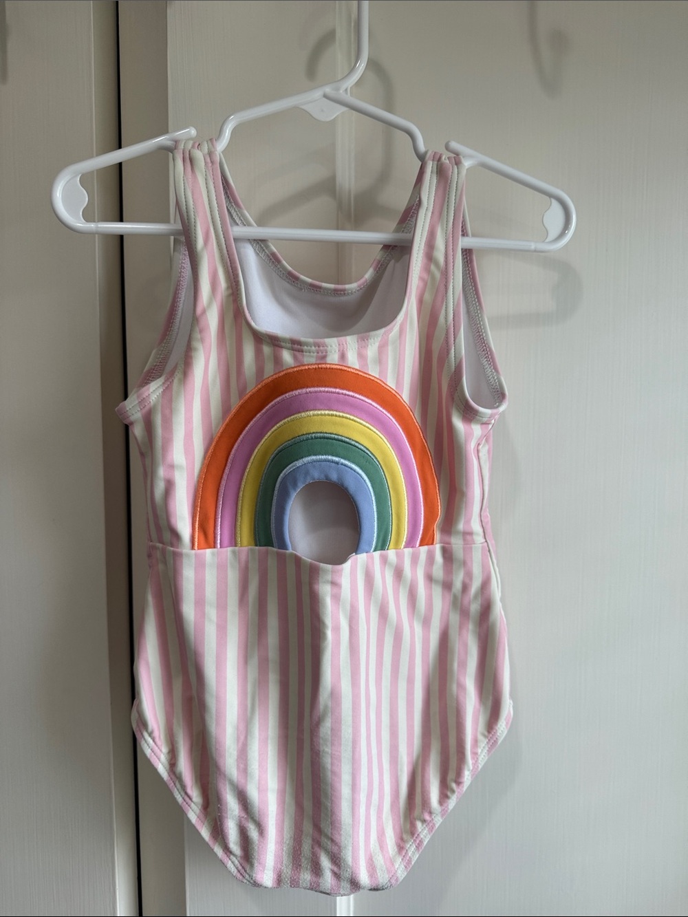 Girls Pink & White Stripe Swimsuit with Rainbow Applique